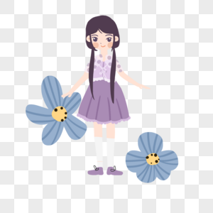 手绘卡通小清新夏天紫色女孩蓝色花朵图片