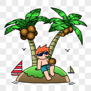 坐在小岛椰树下正在喝椰汁的小男孩图片