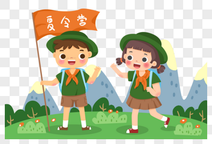 手绘夏令营的男孩女孩学生高清图片素材