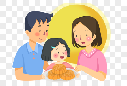 手绘中秋节一家三口赏月吃月饼图片