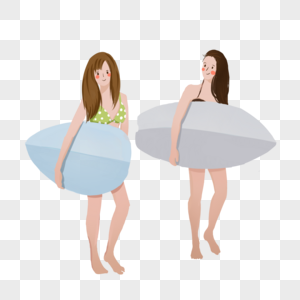 手绘夏天沙滩两个女孩冲浪图片