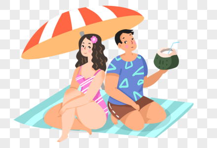 手绘夏天沙滩上的男人女人高清图片