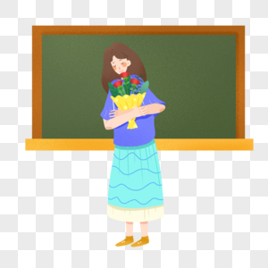 教师节抱着花站在讲台上的老师图片