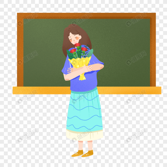 教师节抱着花站在讲台上的老师图片