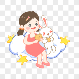 中秋节女孩和玉兔一起吃月饼图片