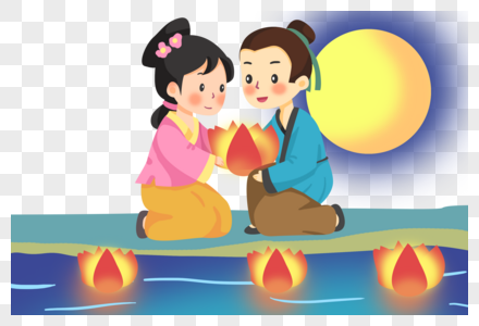 手绘卡通q版古代中秋节中元节放河灯的人们图片