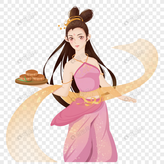粉色黄色中秋节古代女孩古装美女手持月饼图片