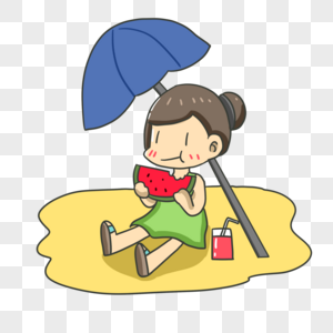 坐在太阳伞下吃西瓜的女孩图片