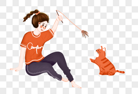 逗猫的女孩图片素材