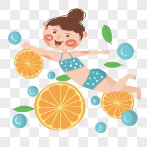 手绘在柠檬薄荷叶里游泳的小女孩图片