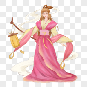粉色黄色中秋节古代女孩古装美女放灯立绘精美图片