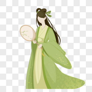 绿色黄色中秋节古代女孩古装美女手持扇子色块印象图片