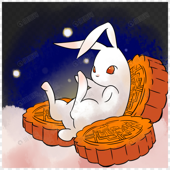 卡通白兔月饼插图图片