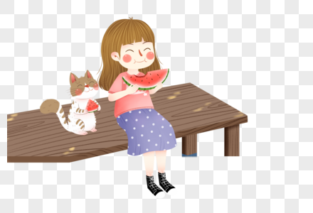 坐着吃瓜的女孩和猫咪图片