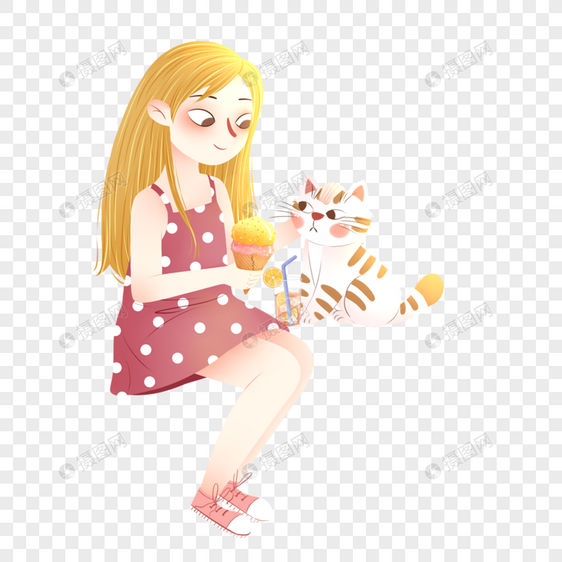 坐着吃冰激凌撸猫的女孩图片