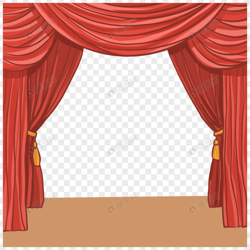 红色舞台幕布窗帘手绘卡通