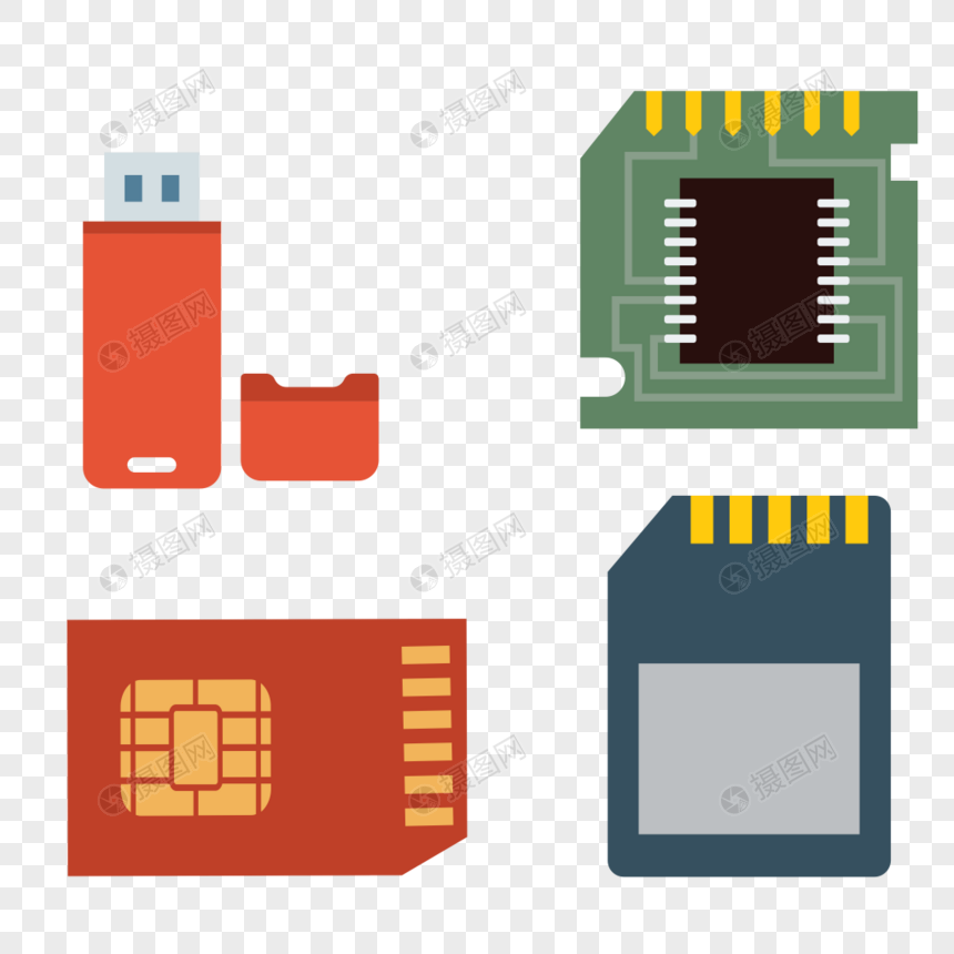 U盘和芯片和内存卡矢量元素图片