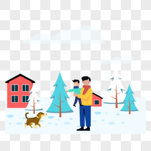 爸爸抱着儿子在雪地和狗玩耍图片