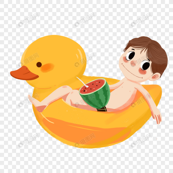 坐在游泳圈中吃瓜的男孩图片