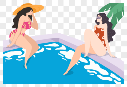 手绘夏日泳池边的女人们高清图片