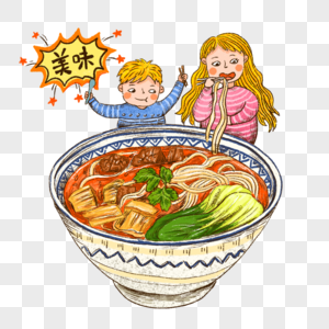 吃面牛肉面麻辣小面美食精美手绘卡通人物可爱插画高清图片