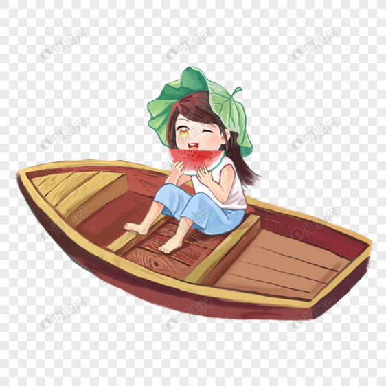 坐在船上吃瓜的女孩图片