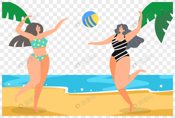 手绘打沙滩排球的比基尼女人图片