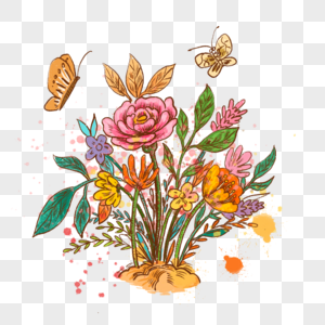 鲜花花朵蝴蝶植物插画手绘文艺花束小清新图片