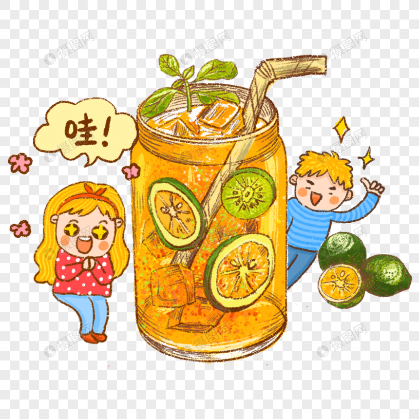 冷饮饮料水果茶百香果汁青柠檬手绘插画人物卡通图片
