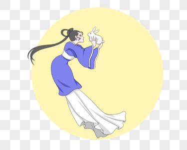 抱着玉兔奔月的蓝色衣裙嫦娥金色圆月图片