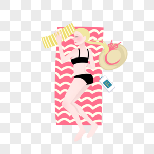 粉色波浪沙滩垫金发黑色比基尼妹子草帽图片