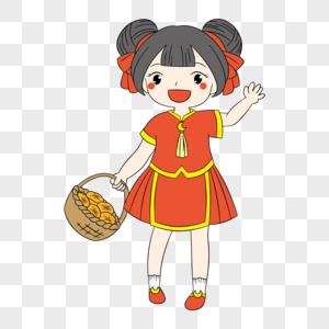 中秋素材送月饼的红装中国娃娃图片
