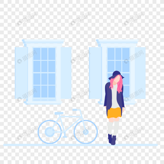 橱窗外的自行车和美女图标免抠矢量插画素材图片