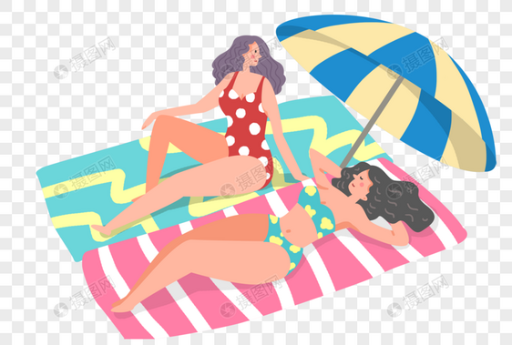 手绘卡通夏季度假日光浴的女人们图片