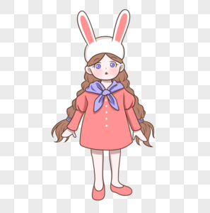 兔子耳朵帽子粉蓝色衣裙的小女孩图片