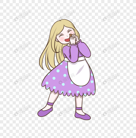 开心吃饼干紫衣裙金发小女孩图片