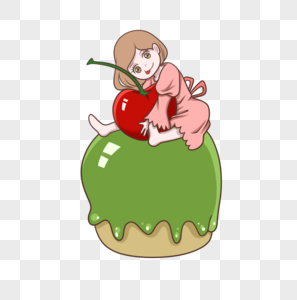 坐在抹茶蛋糕上抱着樱桃的可爱小姑娘歪头吐舌头图片