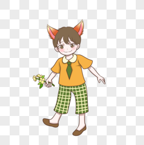 手拿花朵的狐耳少年黄上衣绿格子裤子图片