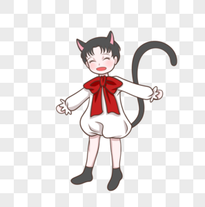 猫耳猫尾黑猫少年白衣大红蝴蝶结图片