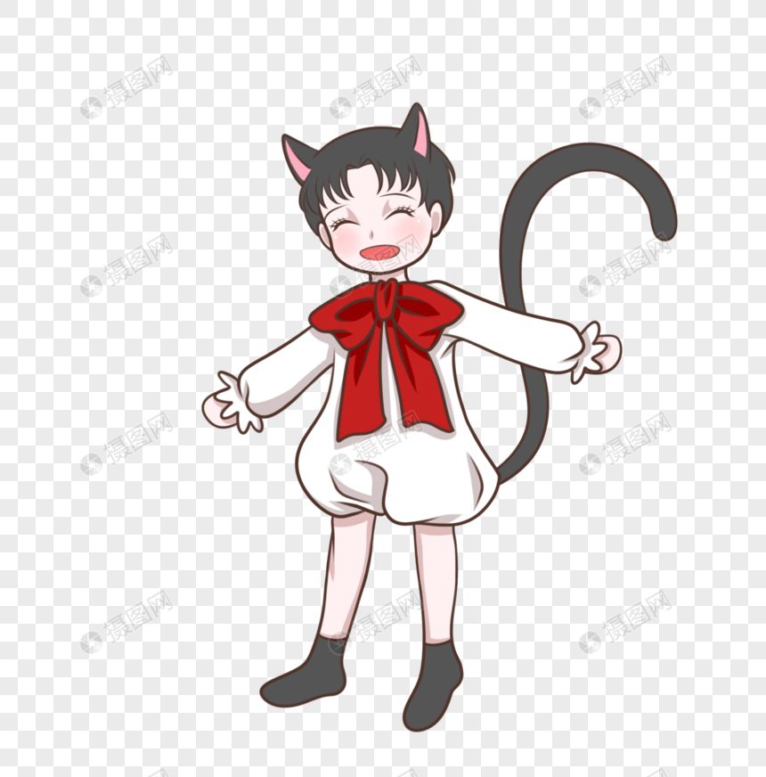 猫耳猫尾黑猫少年白衣大红蝴蝶结元素素材下载 正版素材 摄图网