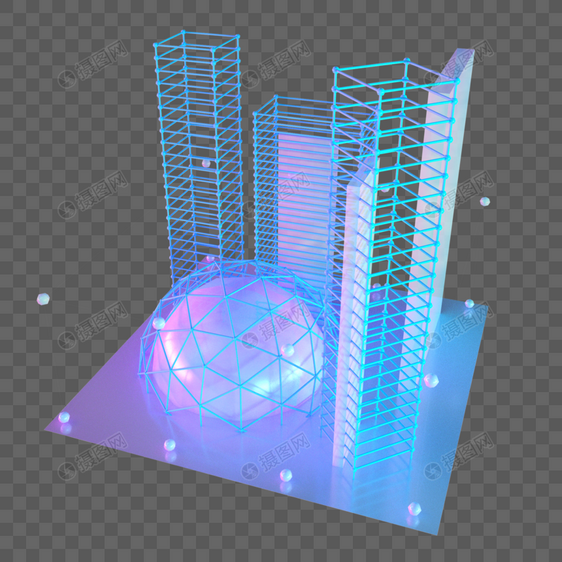 楼空间城市建筑抽象方形圆球科技光点线蓝色粒子图片