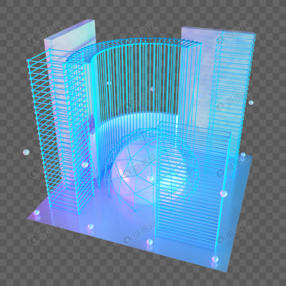 楼空间城市建筑抽象方形圆球科技光点线蓝色粒子图片