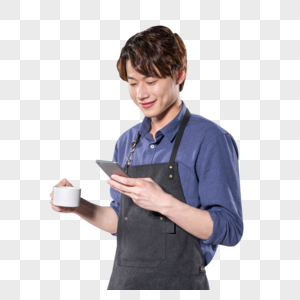 咖啡师看手机高清图片