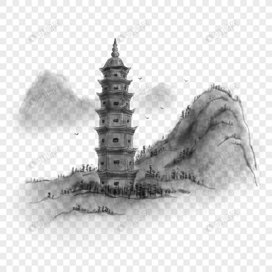 中国风水墨古塔景色图片