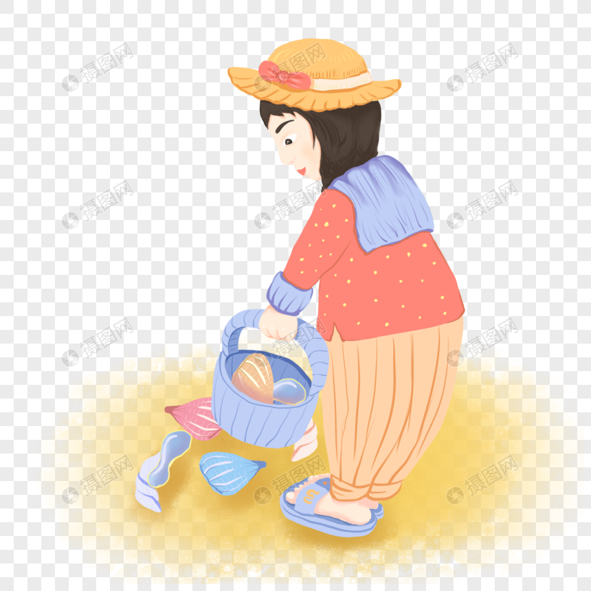 沙滩上捡贝壳的少女