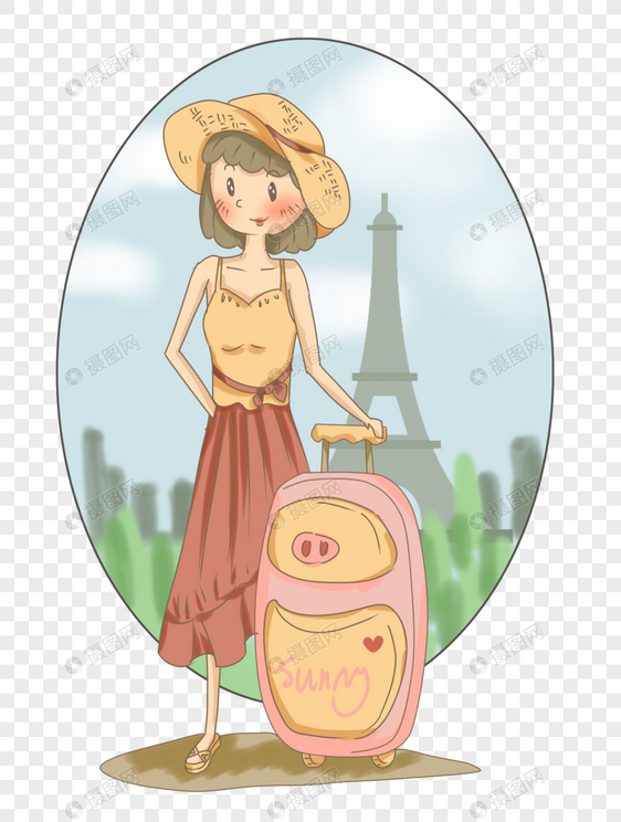 夏季旅游玩耍女孩与行李箱插画PNG图片