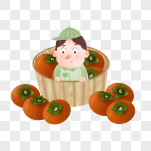 秋天丰收坐在柿子堆里的孩子图片