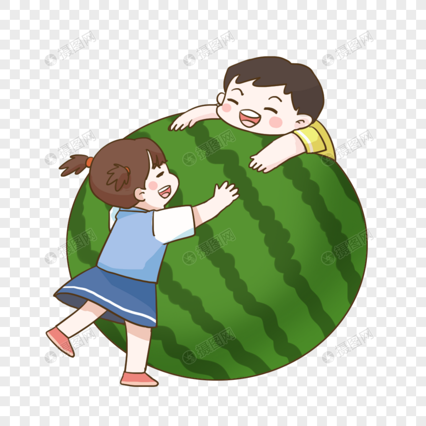 男孩和女孩抱着西瓜图片