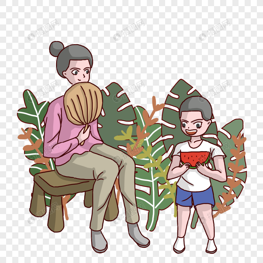 夏天夏季摇蒲扇的妈妈和吃西瓜的男孩图片