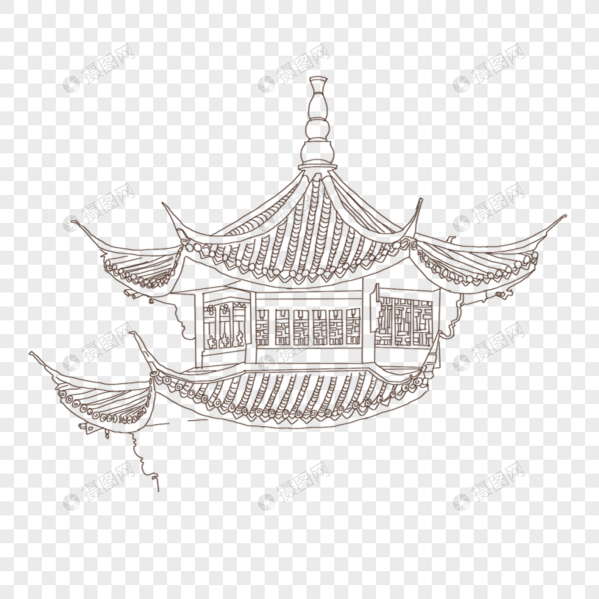 线描古风建筑图片